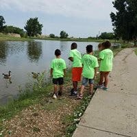 Four children standing by a pond with ducks