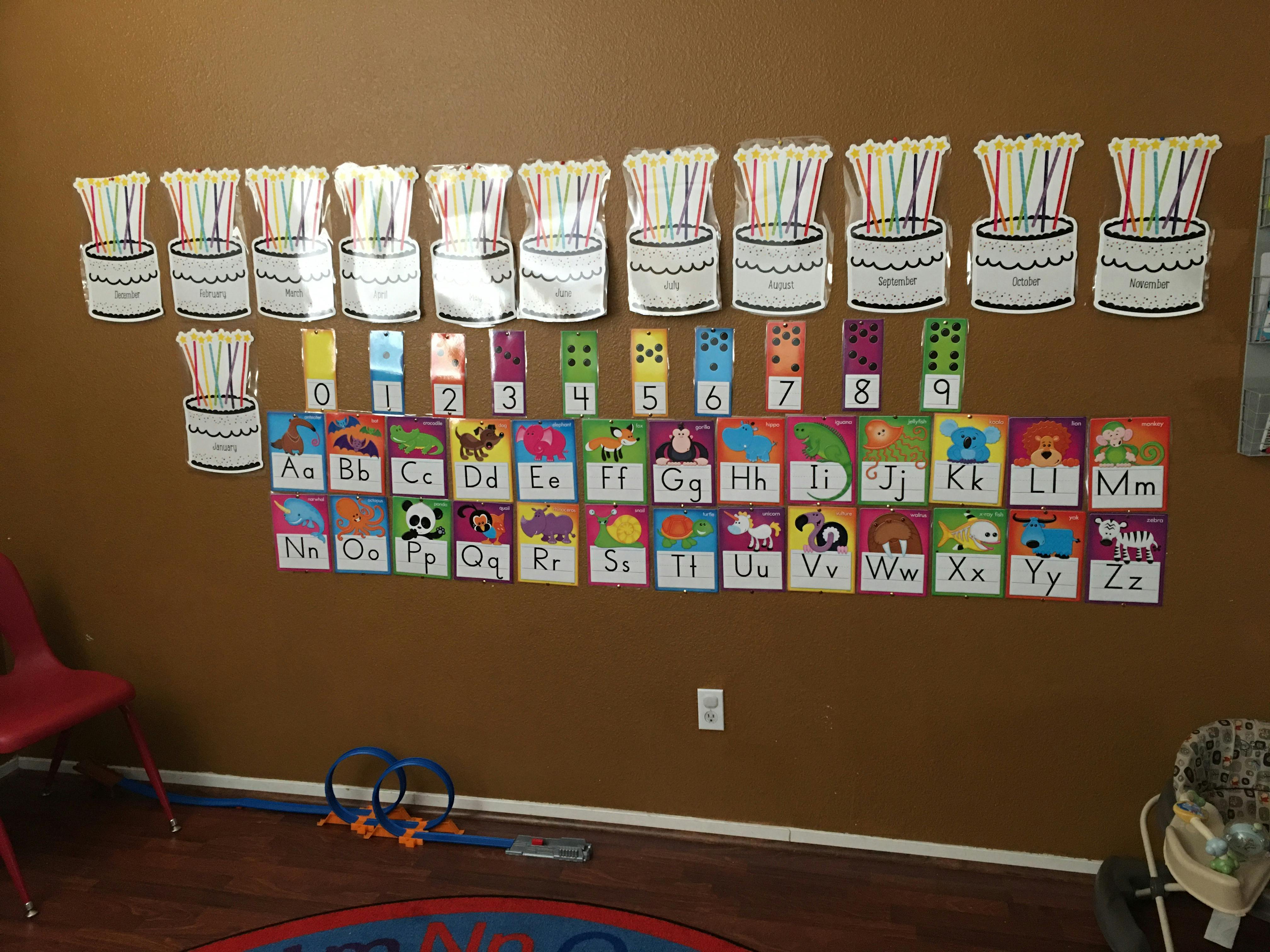 Alphabet and number charts on a brown wall
