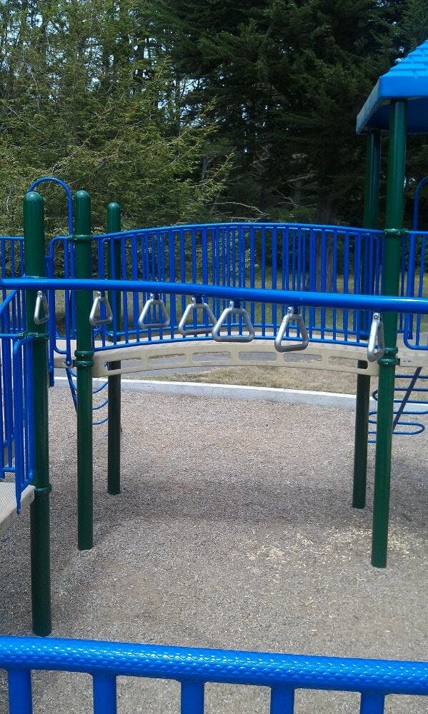 Playground structure with blue railings and monkey bars