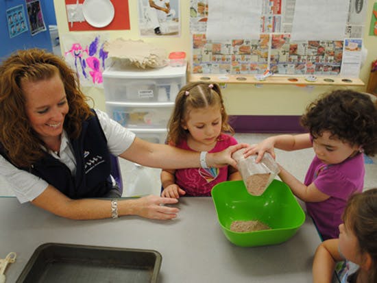 Person and children pouring ingredients into a bowl