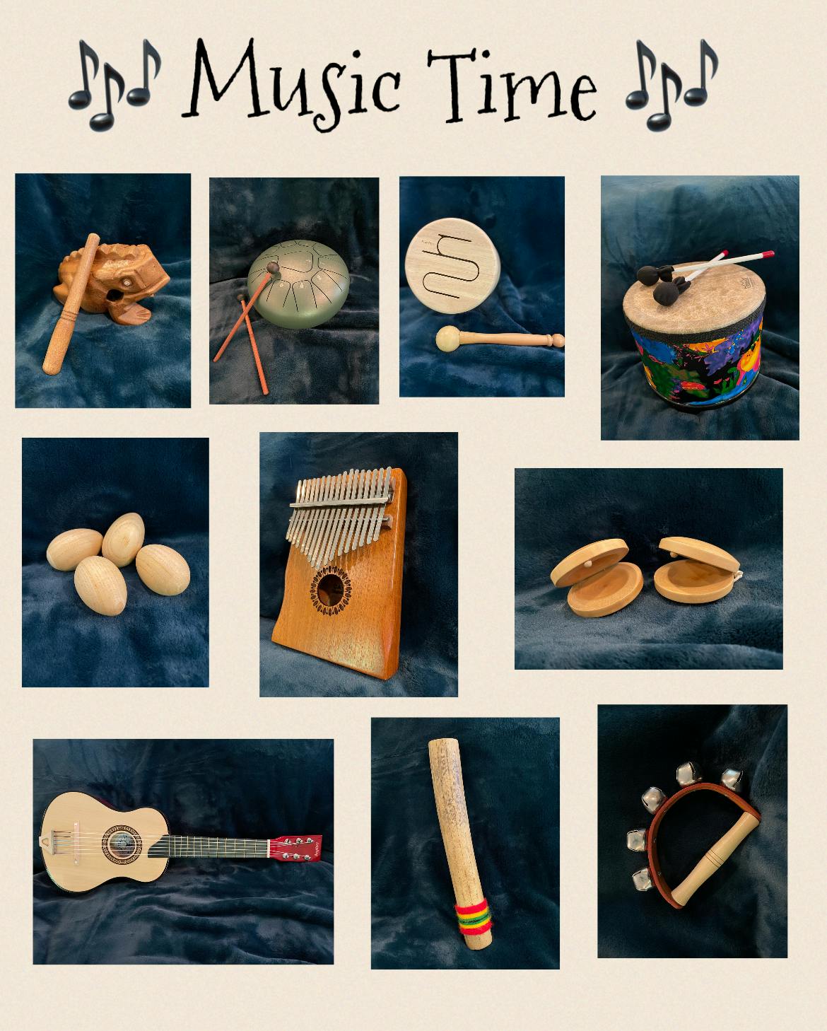 Collage of nine musical instruments including a guitar, drum, and kalimba