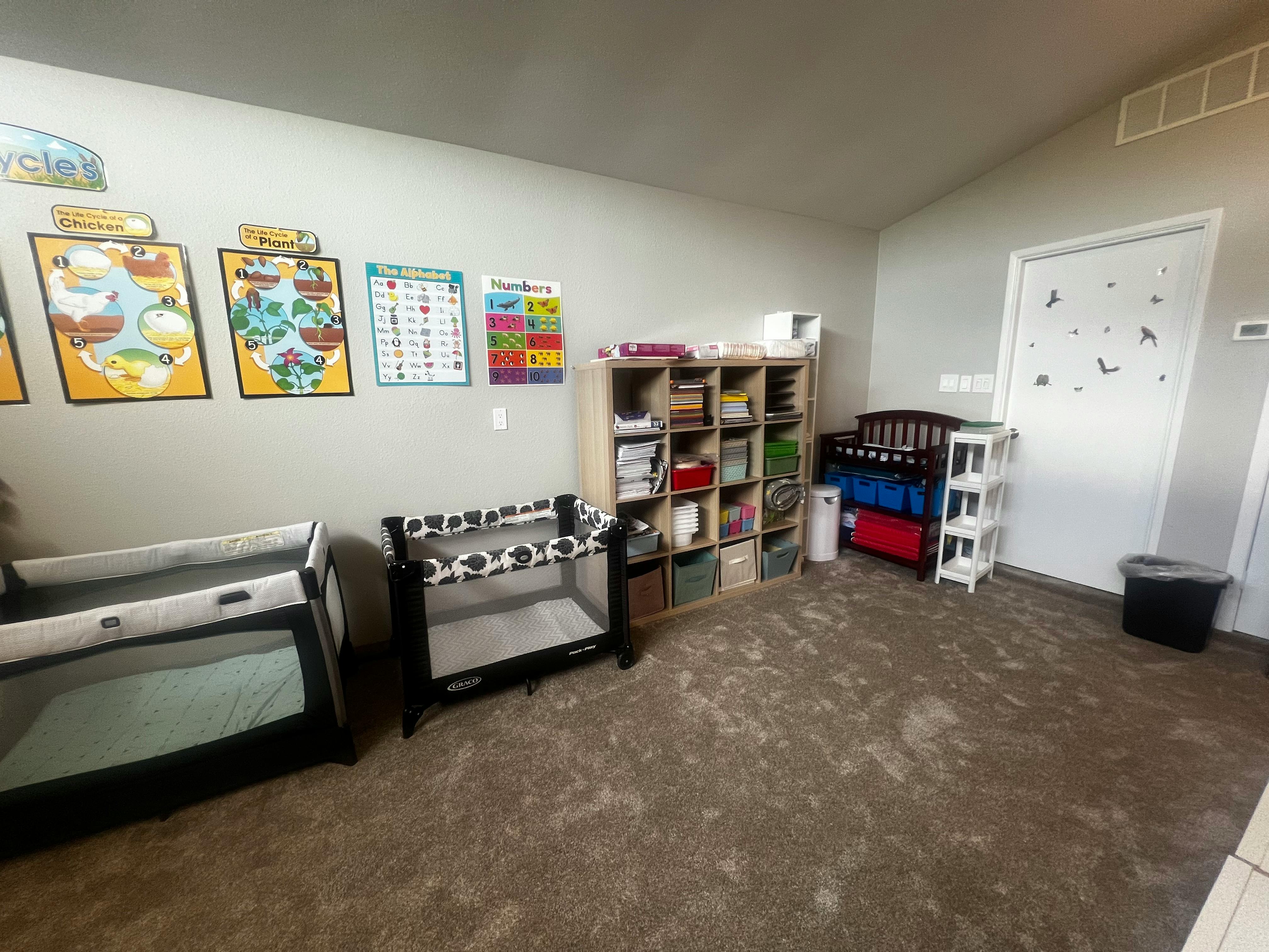 Two playpens in a room with shelves and posters on the wall