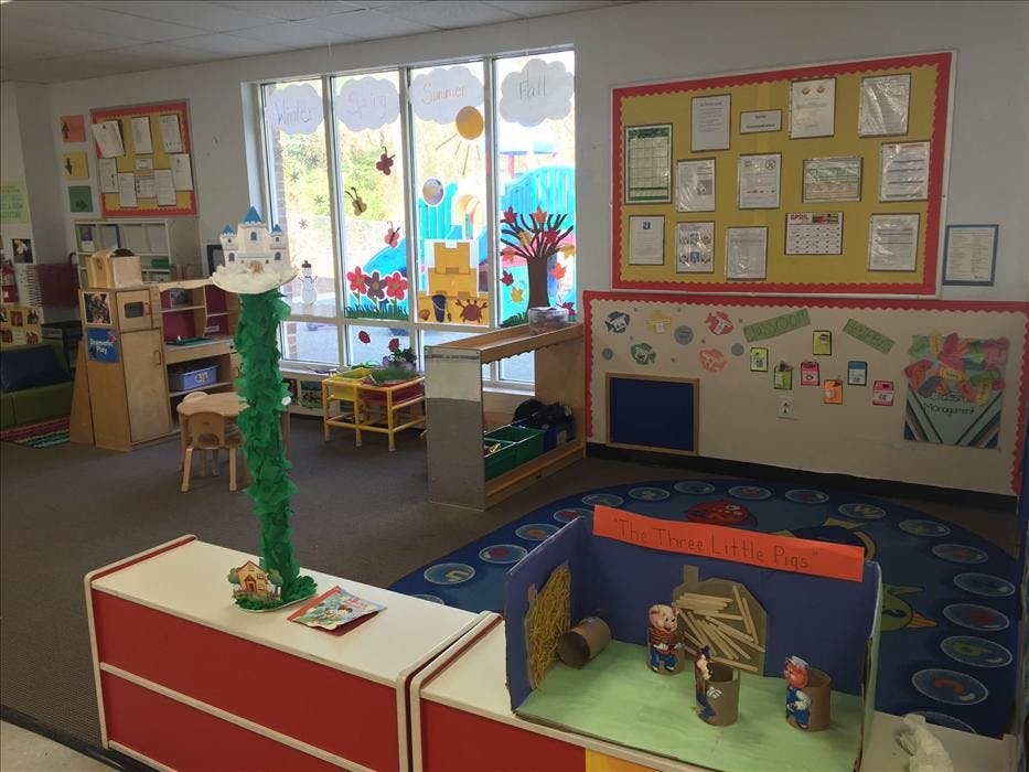 Children's classroom with windows decorated with seasons and a Three Little Pigs diorama