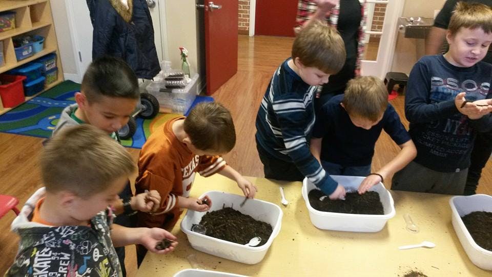 Children planting in containers with soil
