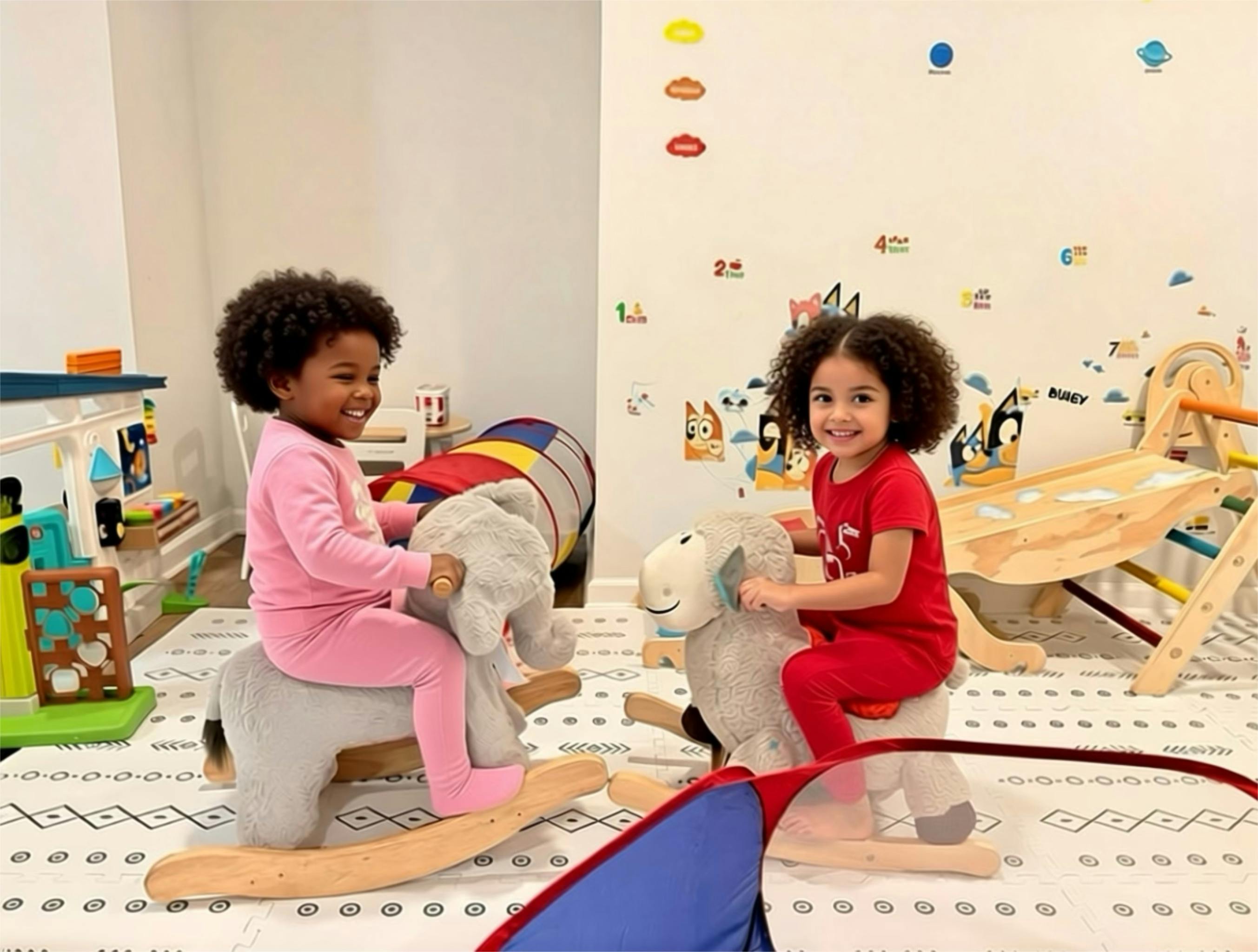 Two young children playing on rocking toys in a playroom