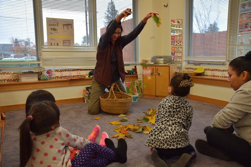 Person kneeling and holding up leaves for children sitting on the floor