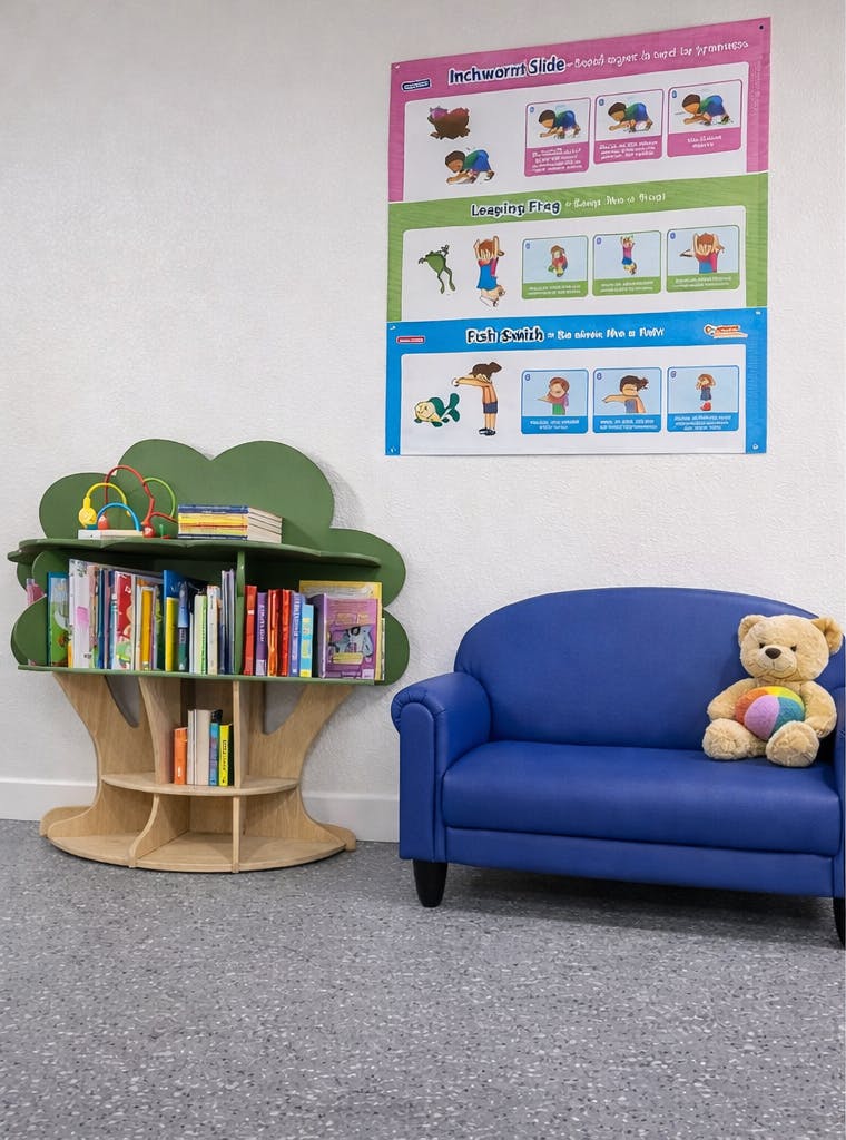 tree-shaped bookshelf with books, blue children's sofa with teddy bear, exercise posters