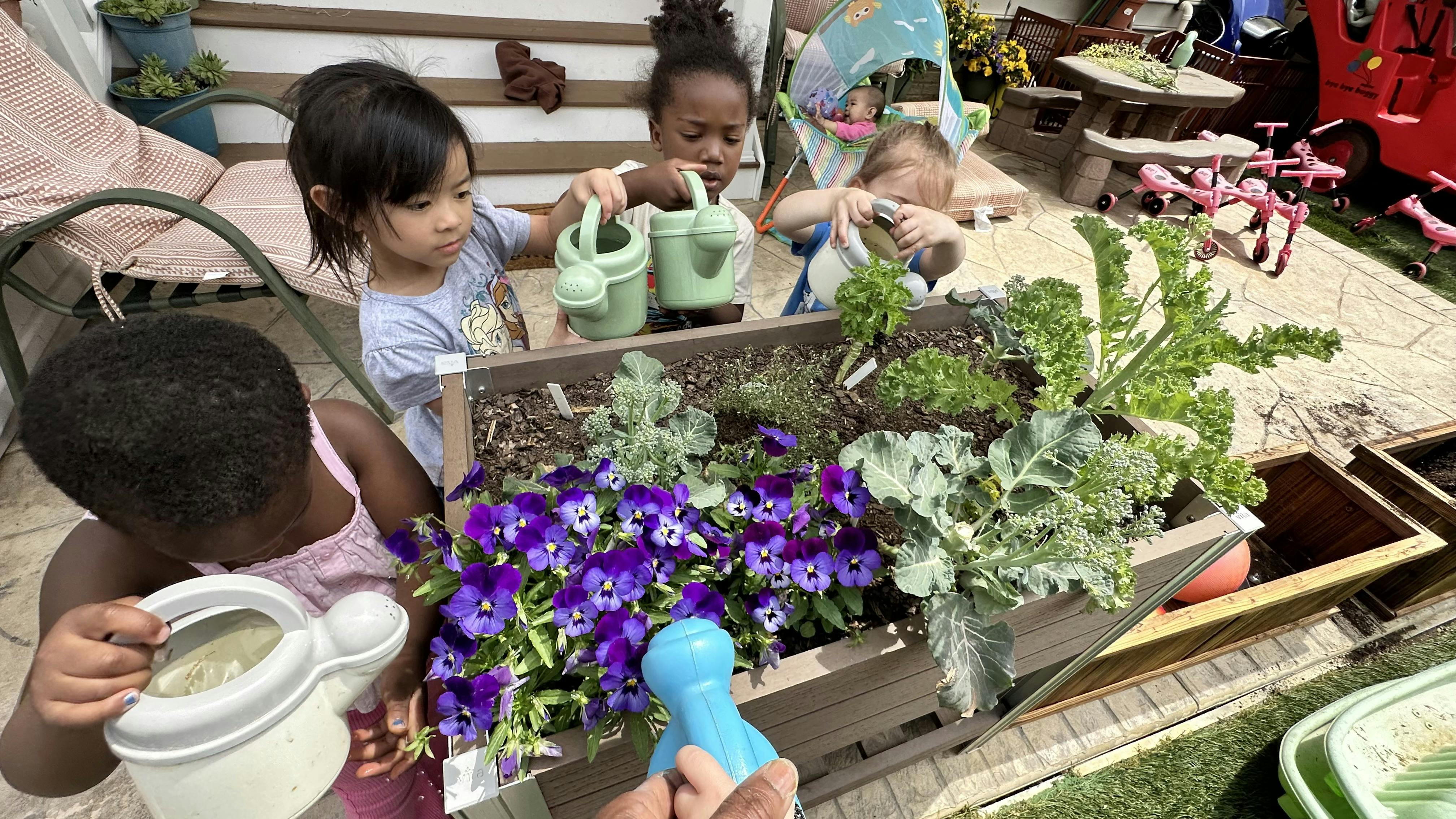 Children watering plants in a planter