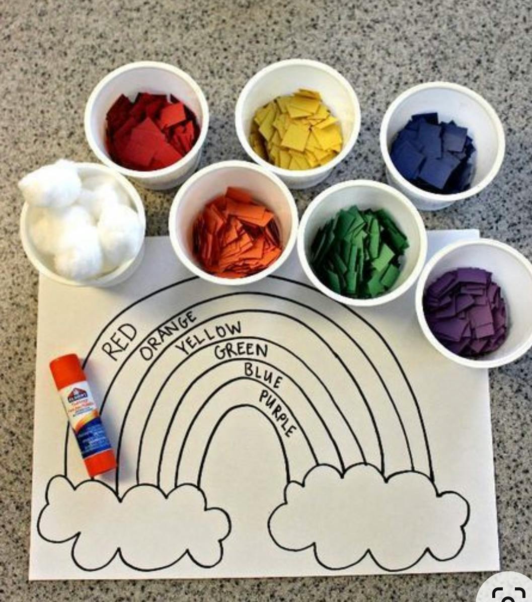 Rainbow craft with cups of colored paper and cotton balls