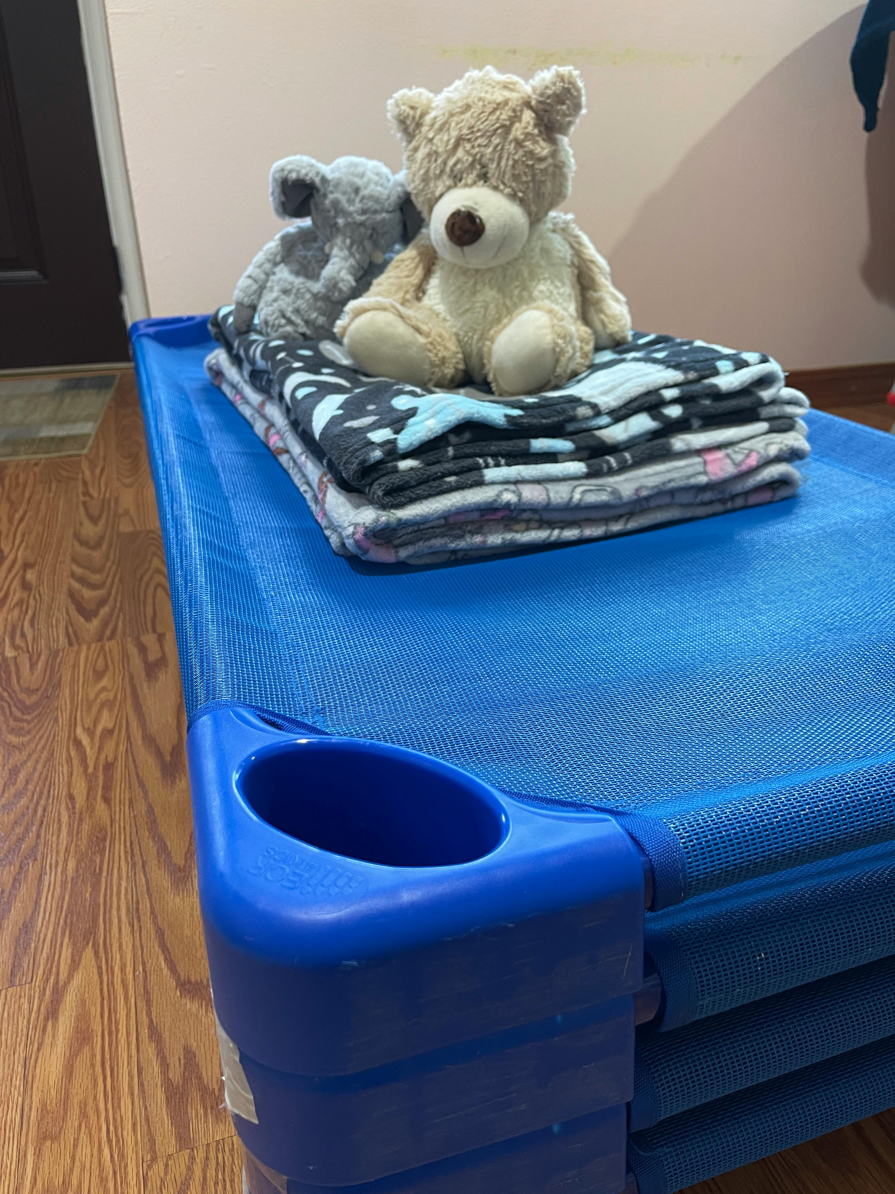 Two stuffed animals and blankets on a blue cot