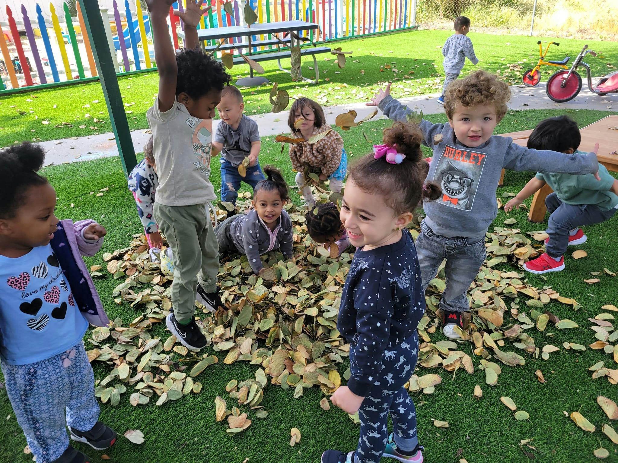 Children playing in a pile of leaves on a grassy playground
