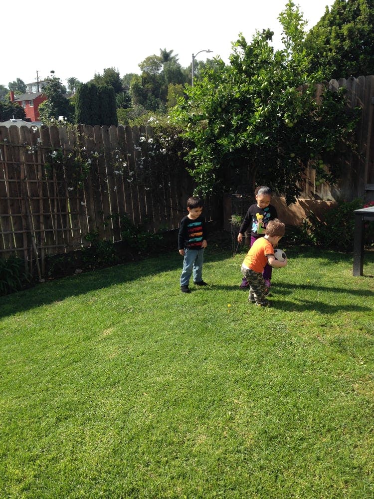 Three children playing with a soccer ball in a grassy yard