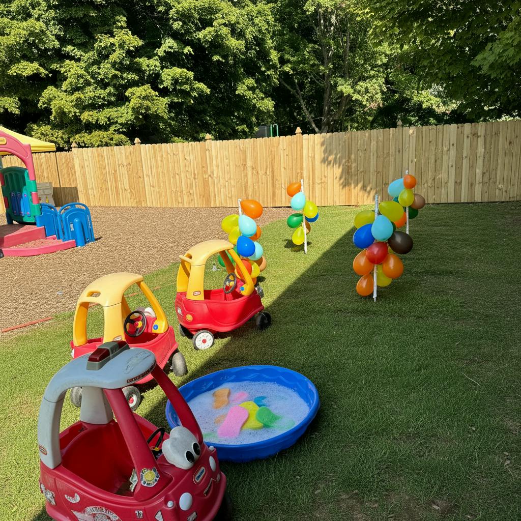 Toy cars, a small pool with bubbles and toys, and balloon decorations outdoors