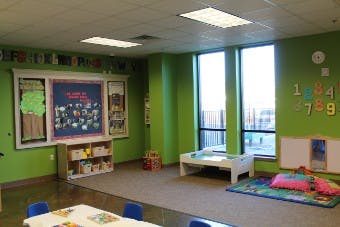 Classroom with green walls, large windows, and children's furniture