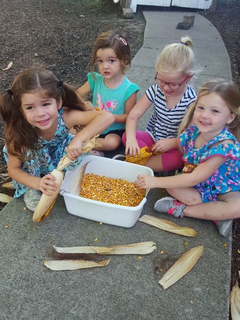 Four children shelling corn into a white bin
