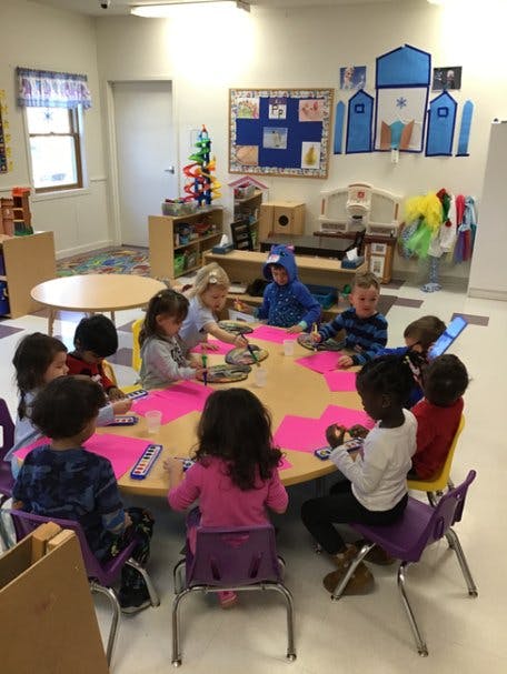 Children painting at a round table in a classroom