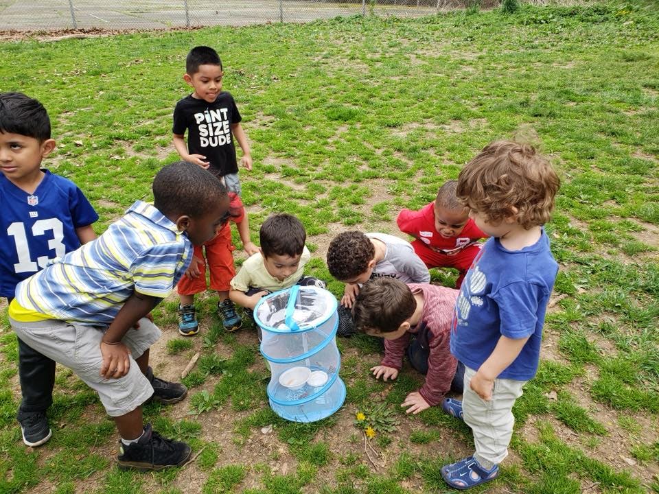 Children gathered around a blue mesh container on grass