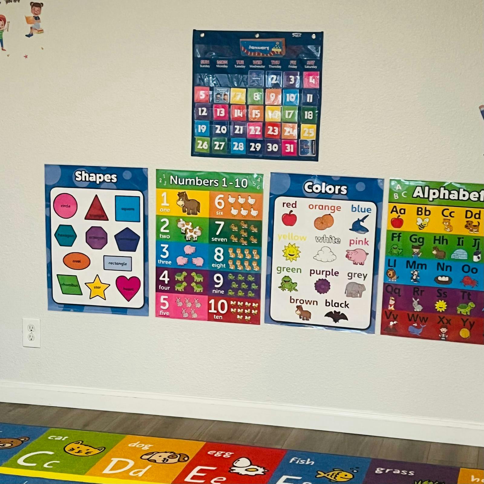 Educational posters for shapes, numbers, colors, and alphabet on a wall
