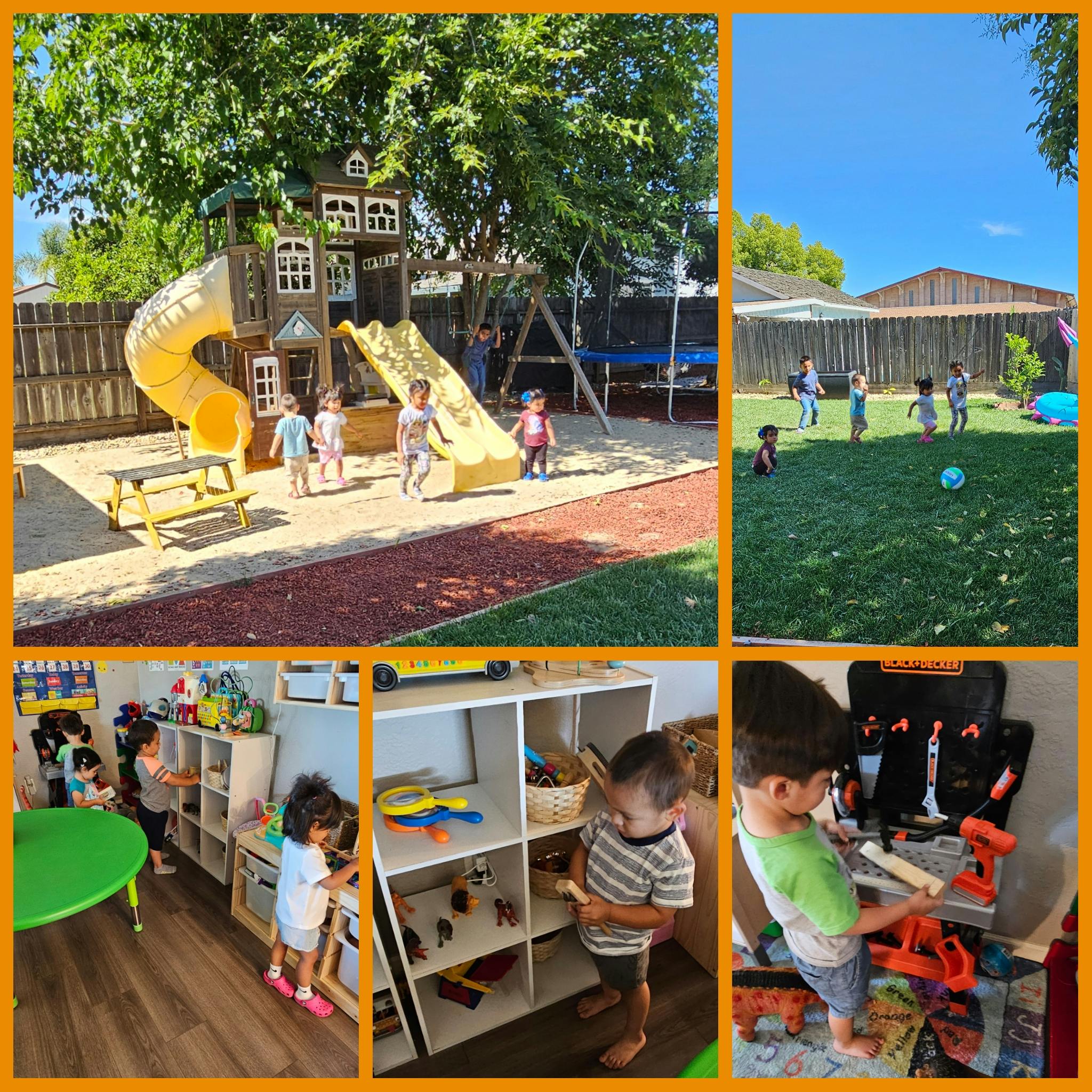 Children playing outdoors on a playground and indoors with toys