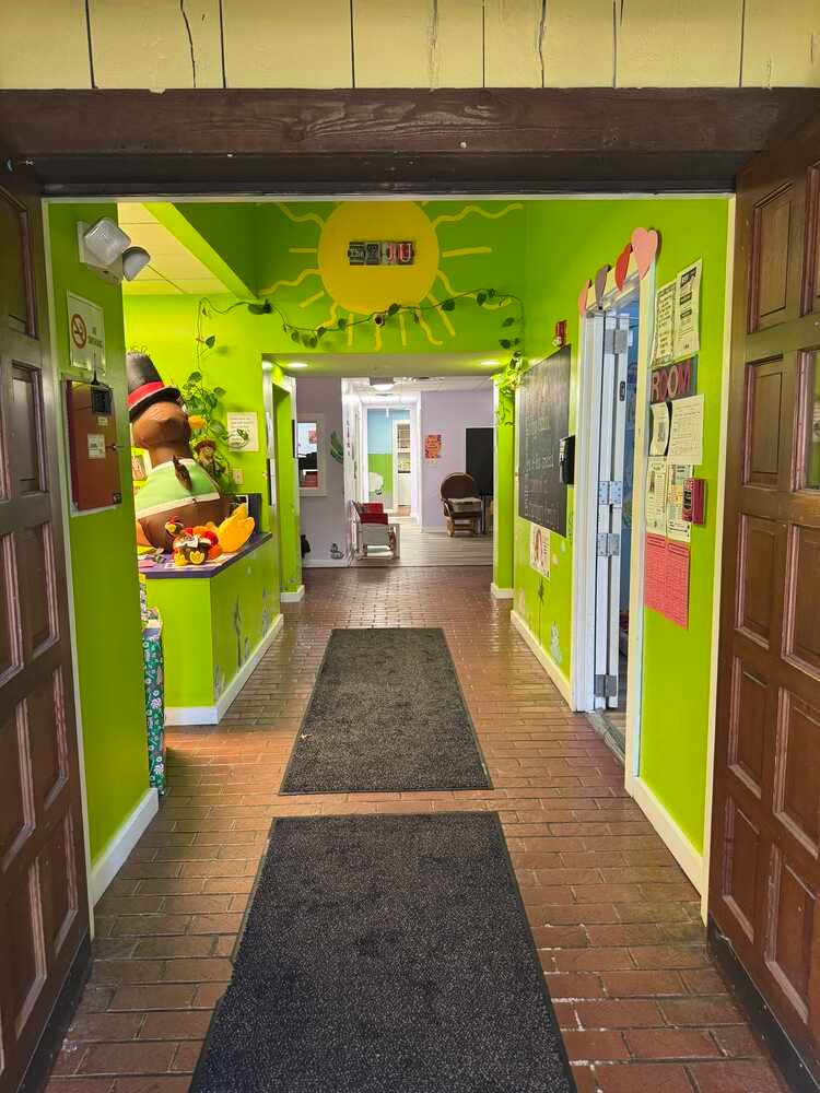 Hallway with lime green walls, brick floor, and rugs