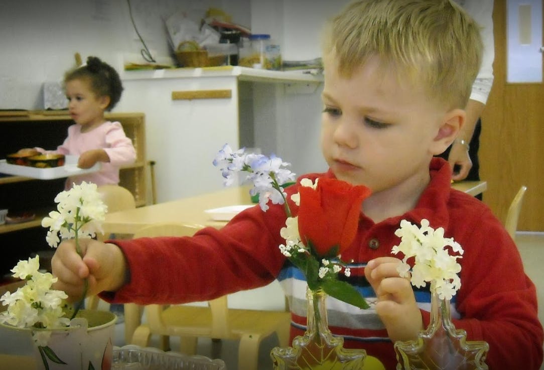 Child arranging flowers in a classroom