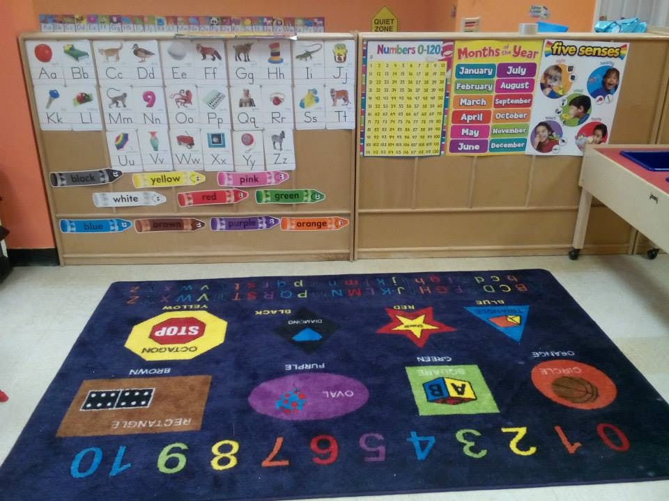 Classroom with alphabet charts and a rug with shapes and numbers