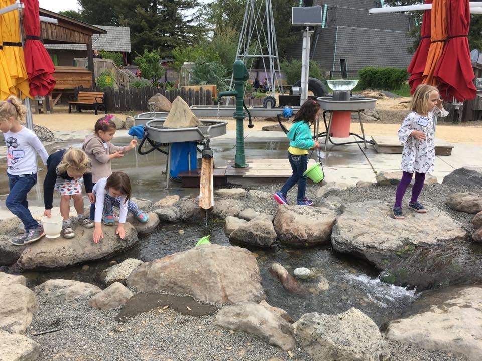 Children playing in a water feature with rocks and streams