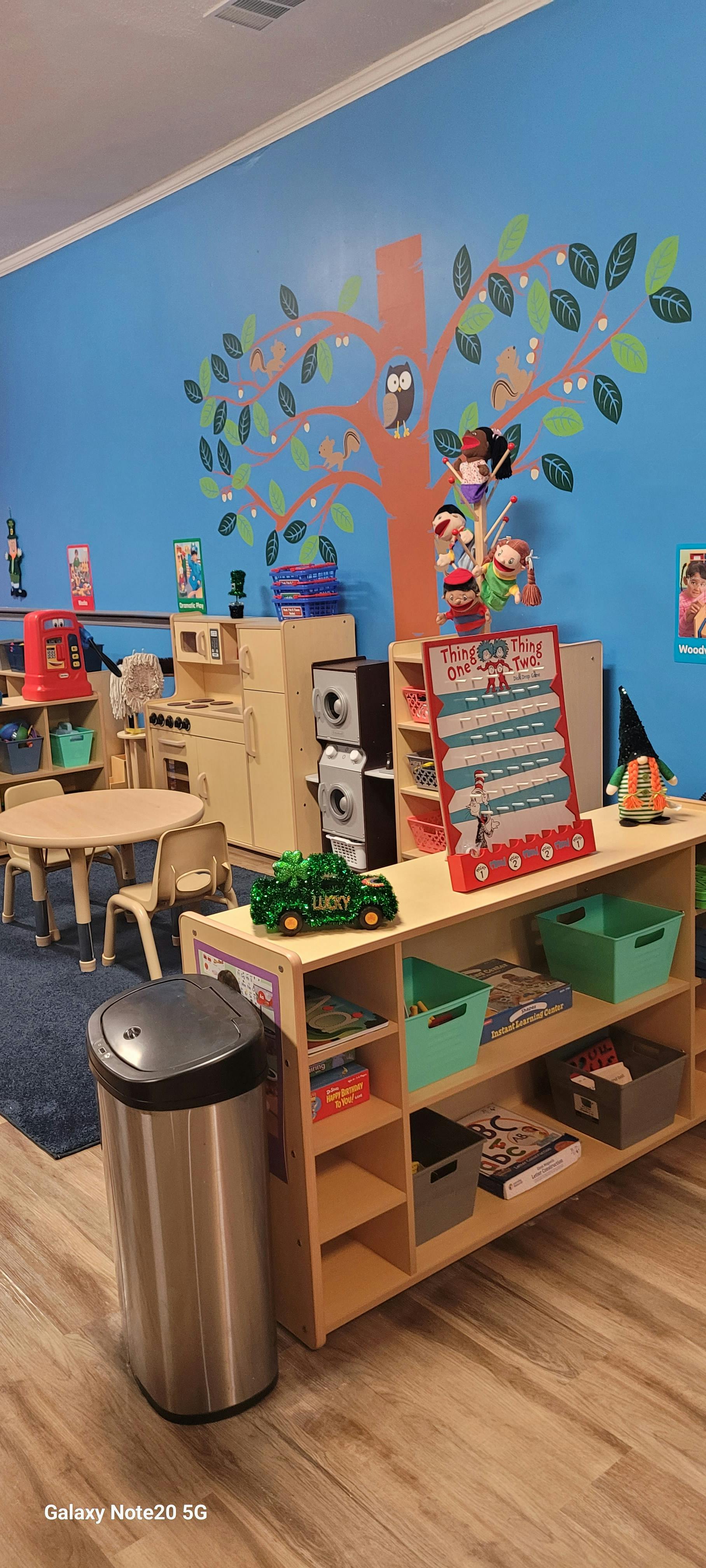 Classroom with a blue wall mural of a tree, play kitchen, and shelves with shelves of toys