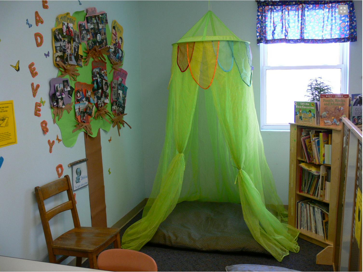 Reading nook with green canopy, bookshelf, and window