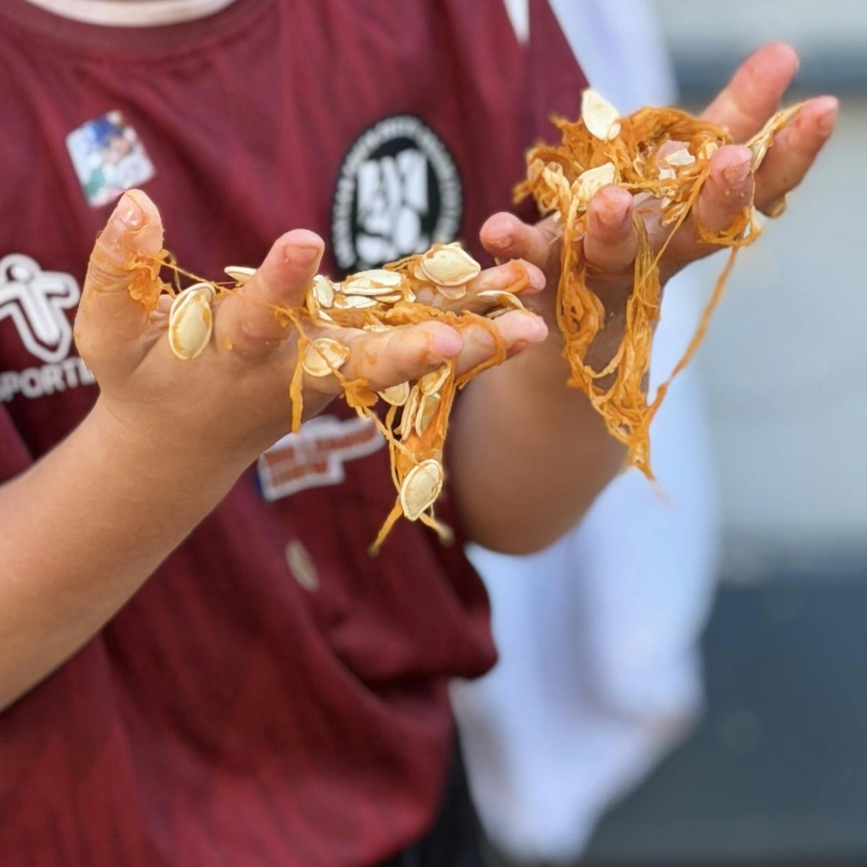 Child holding handfuls of pumpkin pulp and seeds