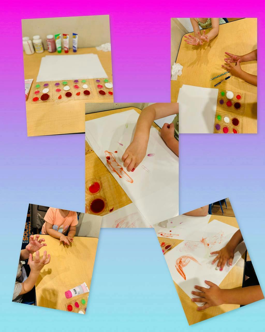 Collage of children finger painting with various colors
