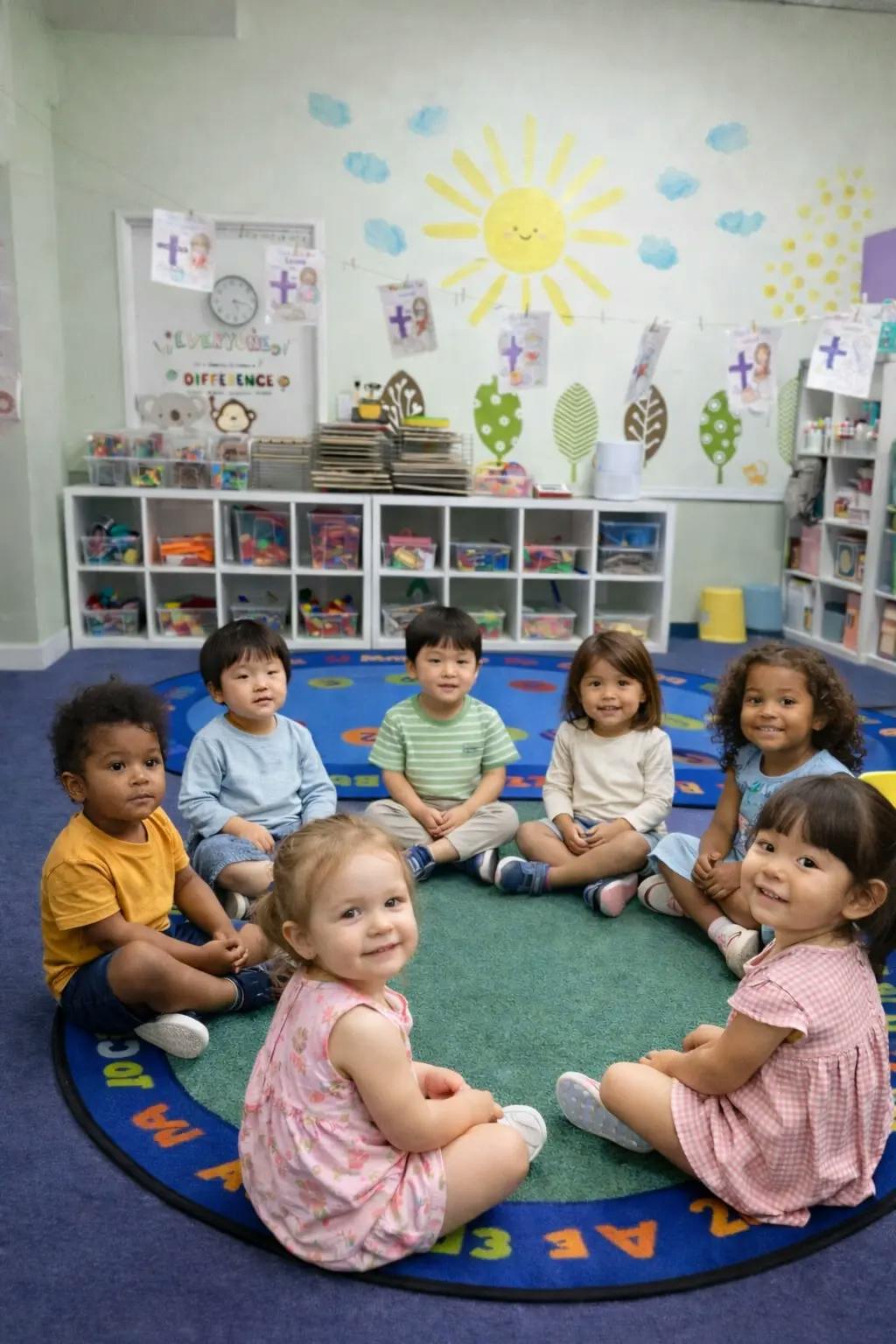 Seven children sitting in a circle on a rug in a classroom