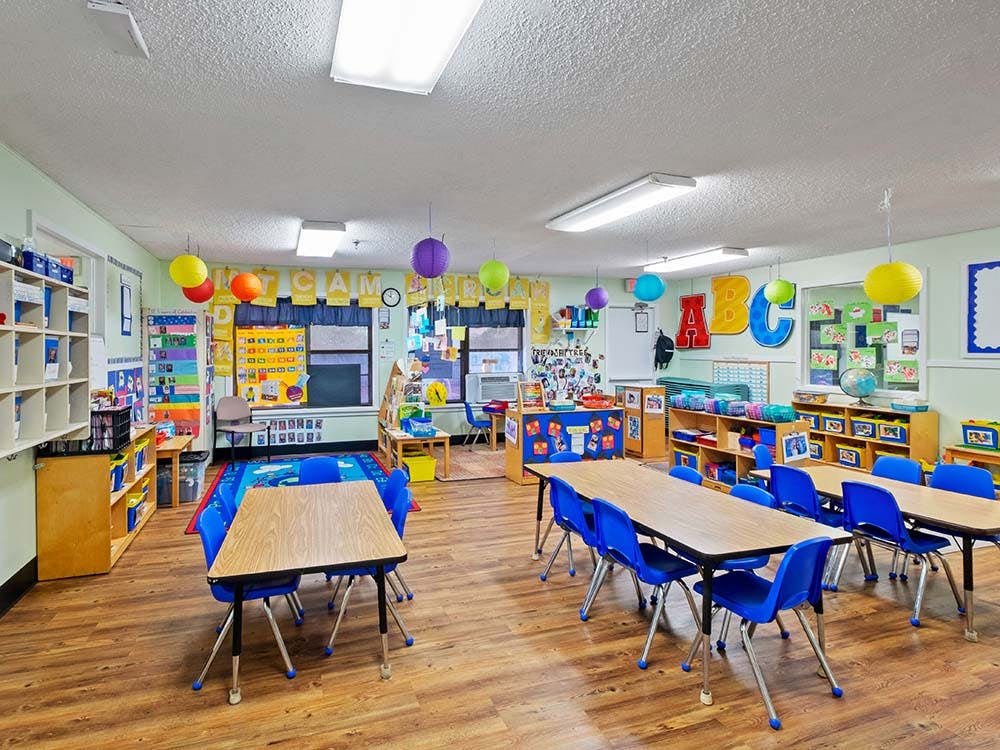 Classroom with tables, blue chairs, and decorations