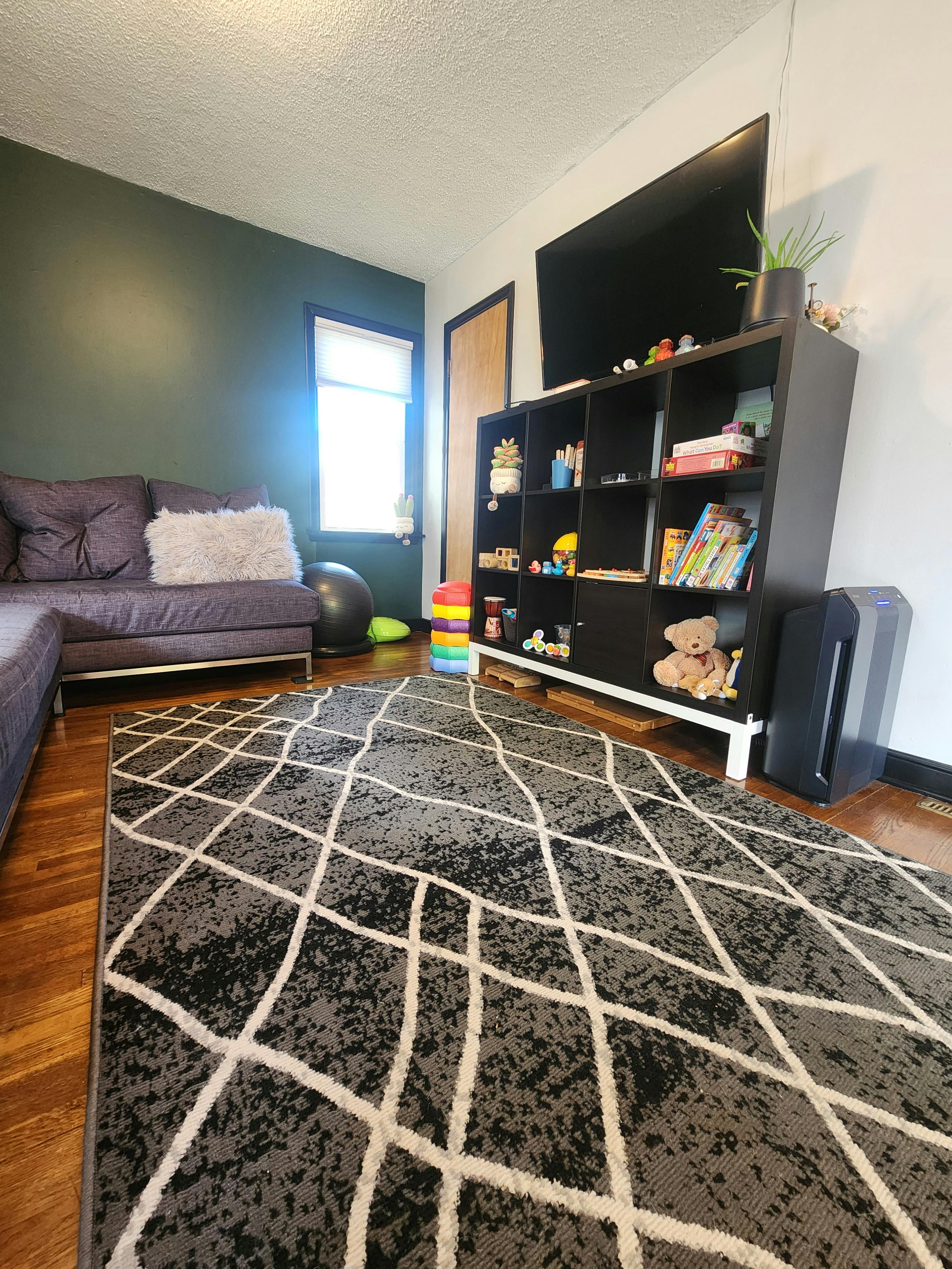 Living room with a gray sectional sofa, black shelving unit, and patterned rug