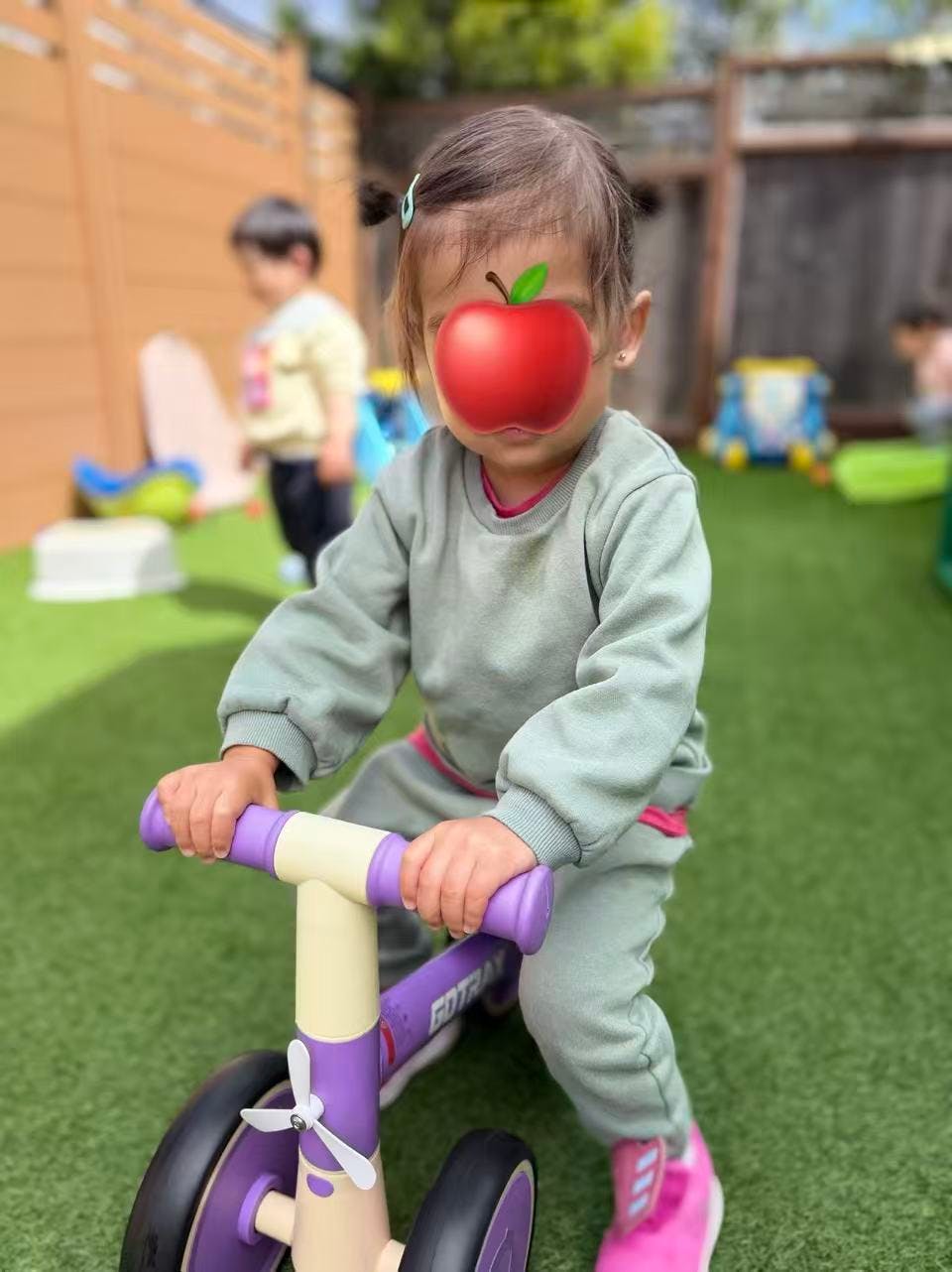 Child riding a small purple and beige balance bike on green turf