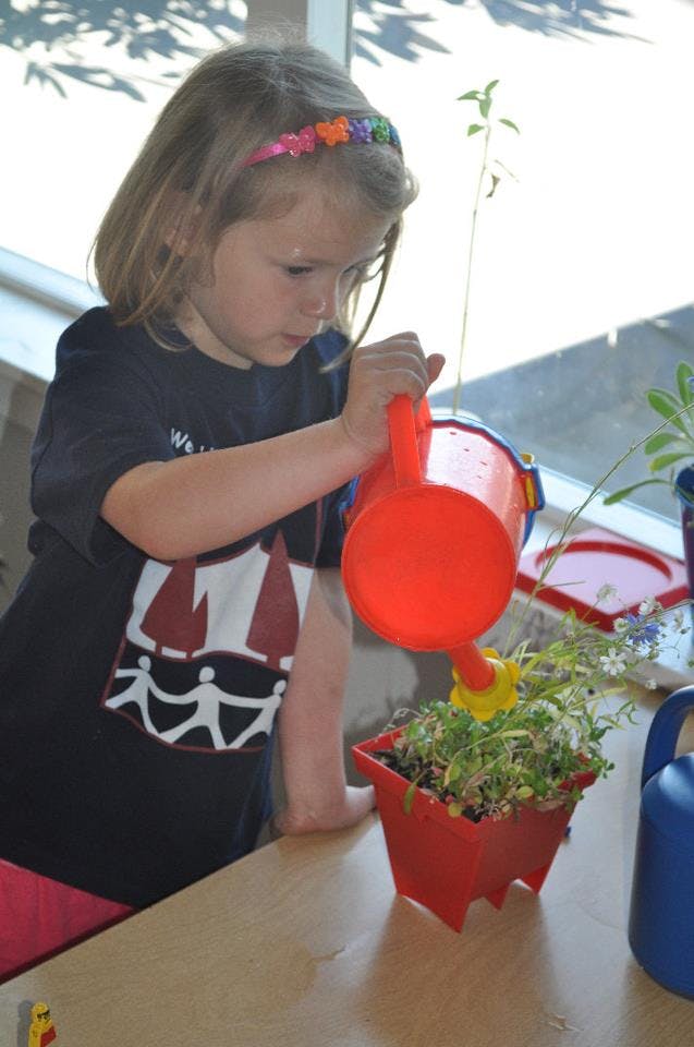 Child watering a plant in a red pot with a red watering can