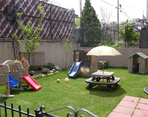 Backyard playground with slides, picnic table, and playhouse