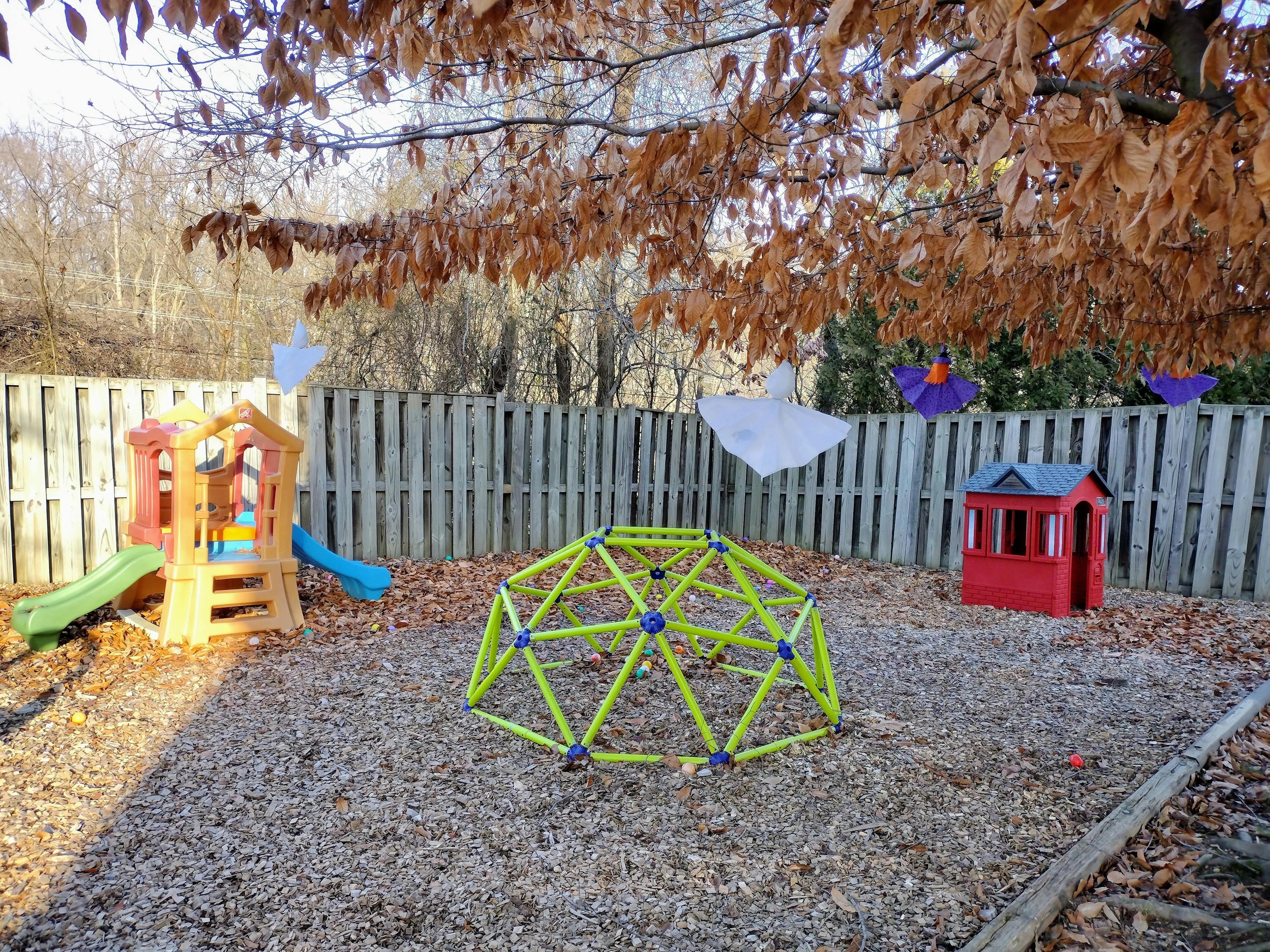 Playground with a climbing dome, slide, and playhouse