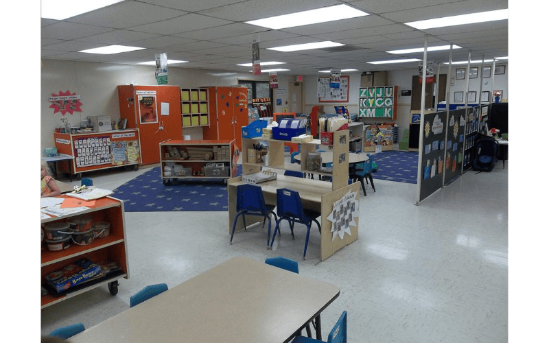 Classroom with child-sized tables, chairs, and learning materials