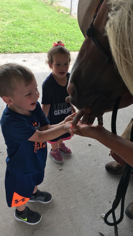 Two children feeding a horse with a person assisting