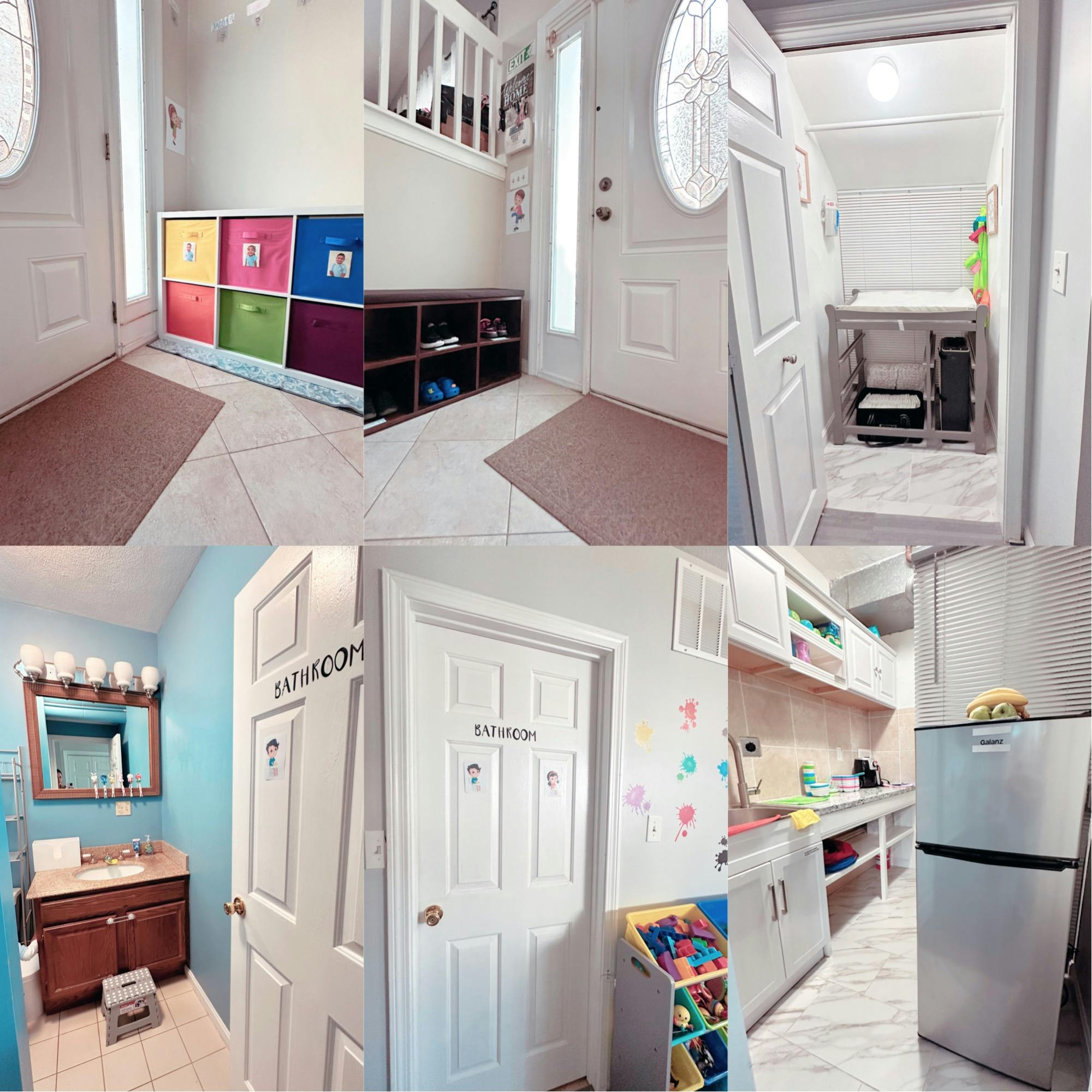 Collage of various rooms including an entryway, bathroom, and laundry area