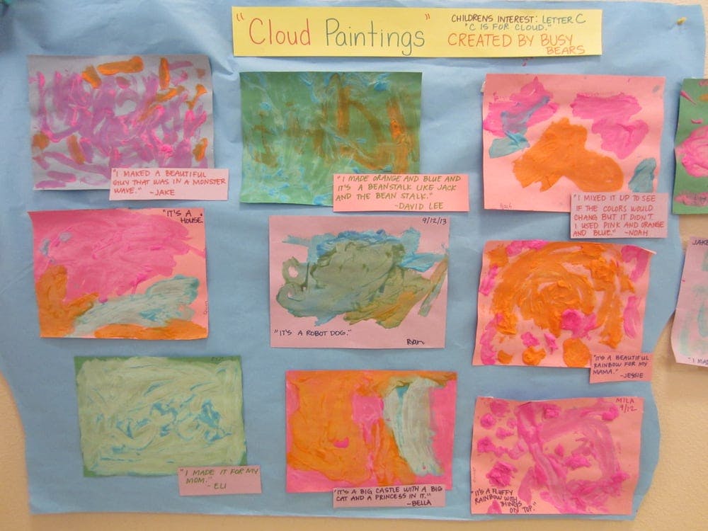Children's artwork titled "Cloud Paintings" displayed on a board