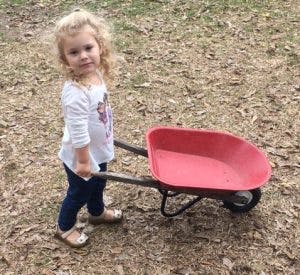 Child pushing a red wheelbarrow