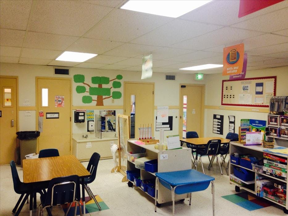 Empty classroom with tables, chairs, and various learning materials