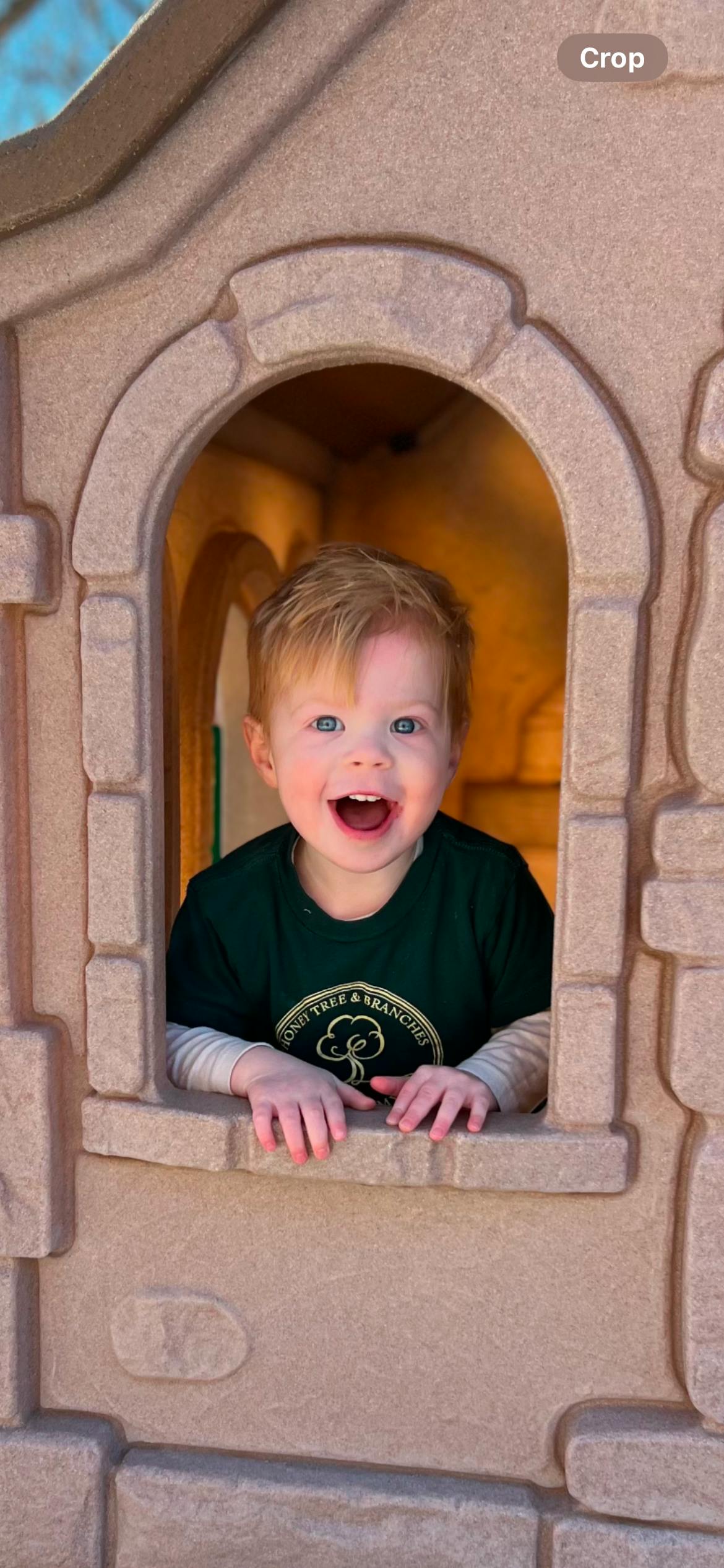 Child looking out of a playhouse window