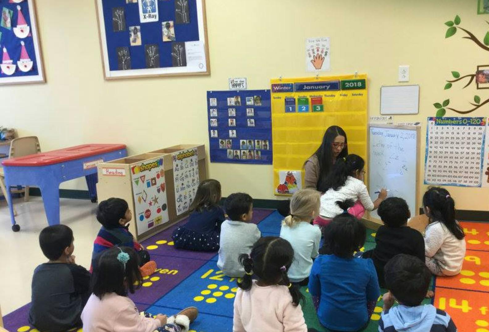 Adult teaching a group of children in a classroom
