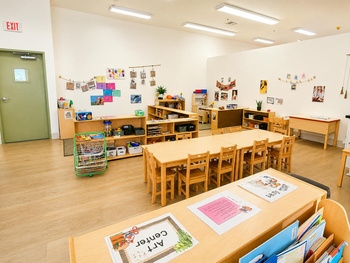 Classroom with small wooden tables and chairs and an art center sign