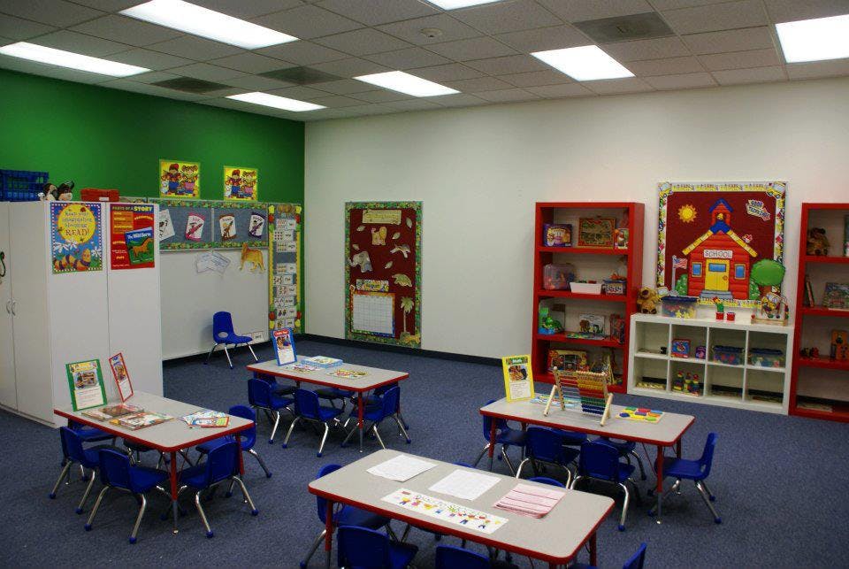 Empty classroom with small tables and chairs