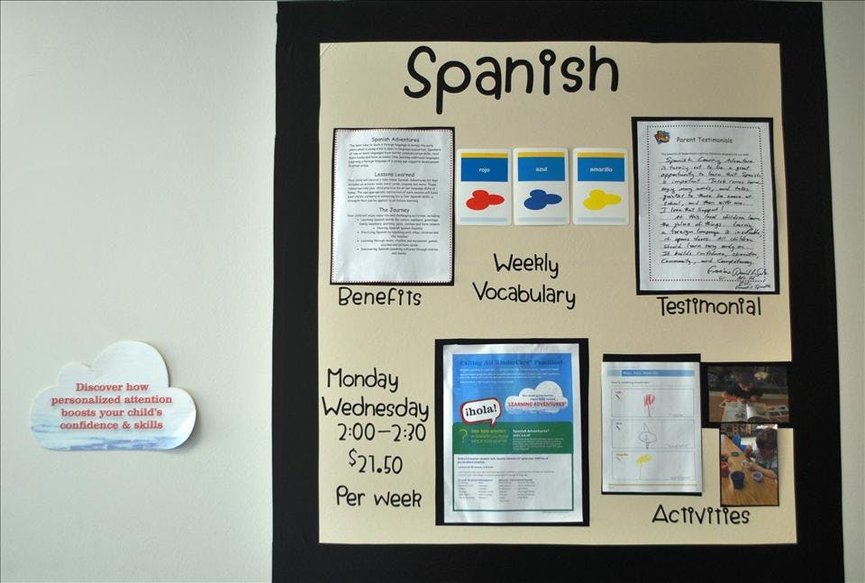Spanish class bulletin board with information, vocabulary, testimonials, and activities