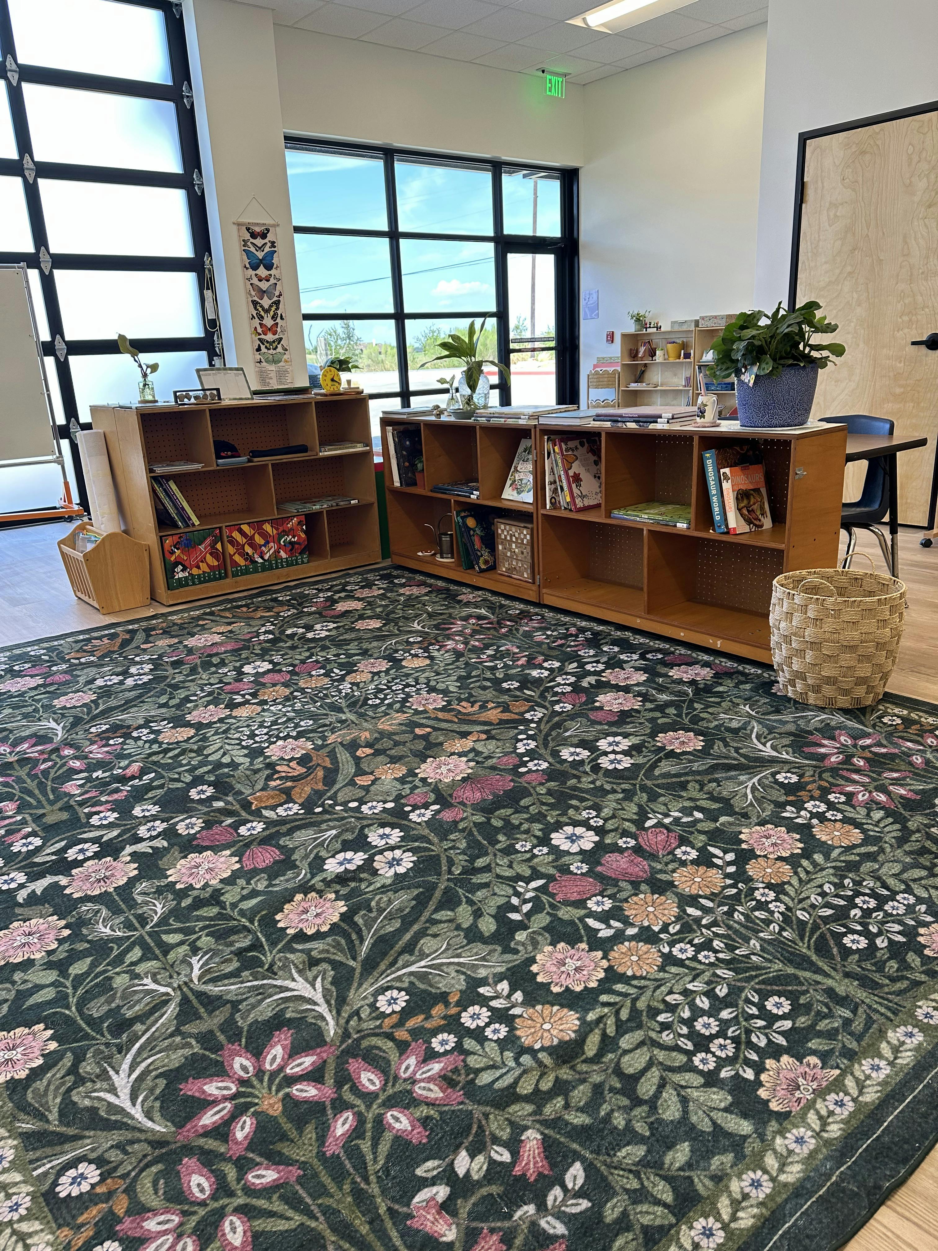 Classroom interior with wooden bookshelves and a floral rug
